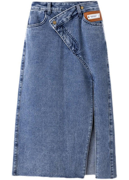 Style Denim Light Blue High Waist Side Open Button Asymmetrical Pockets Cotton a Line Skirts Summer