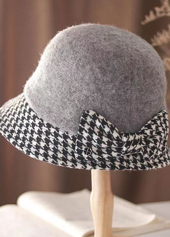 Style Caramel Plaid Bow Woolen Cloche Hat