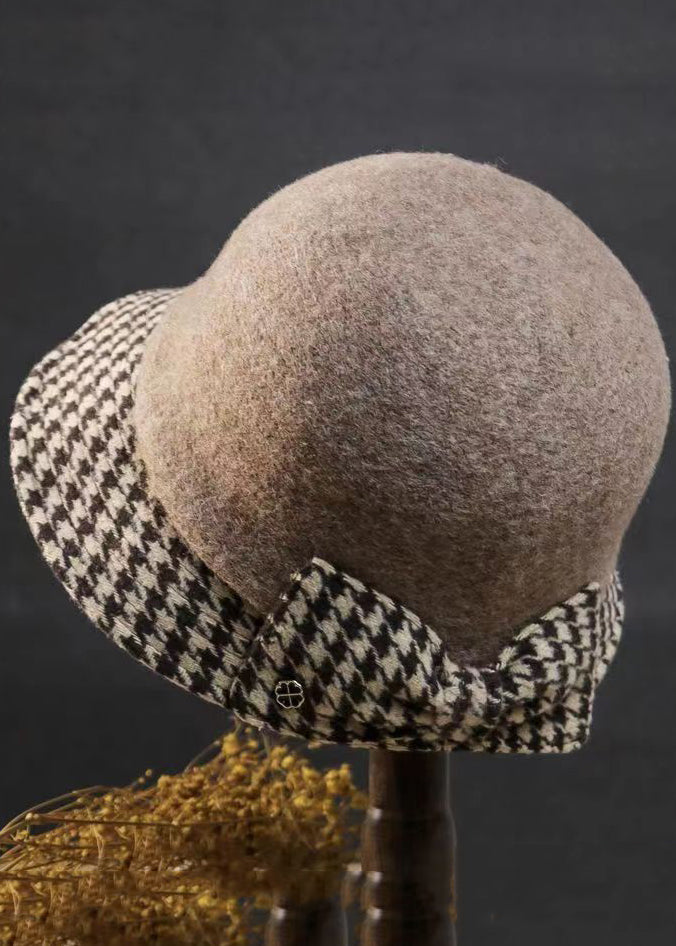 Style Caramel Plaid Bow Woolen Cloche Hat