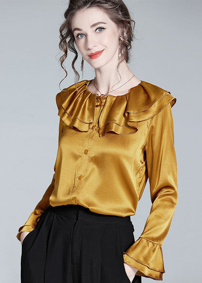 Style Gold Ruffled Patchwork Button Silk Shirt Flare Sleeve