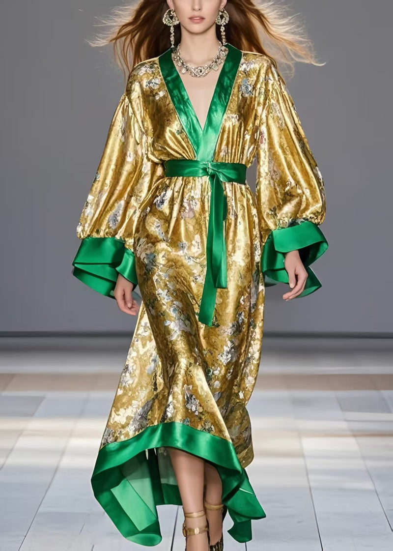 Style Golden Cinched Patchwork Silk Maxi Dresses Spring