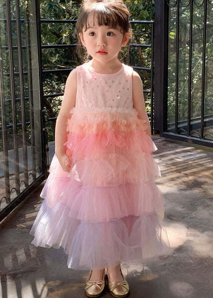 Style Gradient Pink O Neck Ruffled Patchwork Tulle Baby Dresses Sleeveless