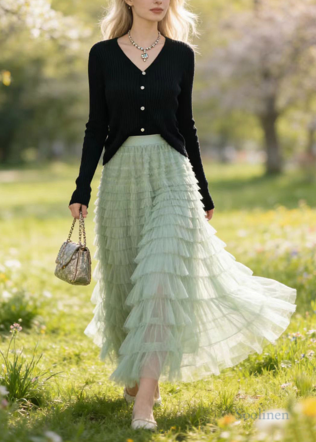 Style Grass Green Multi-layer Tulle Holiday Skirt Spring