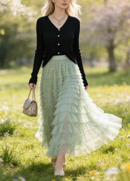Style Grass Green Multi-layer Tulle Holiday Skirt Spring