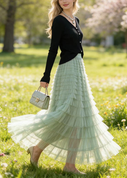 Style Grass Green Multi-layer Tulle Holiday Skirt Spring