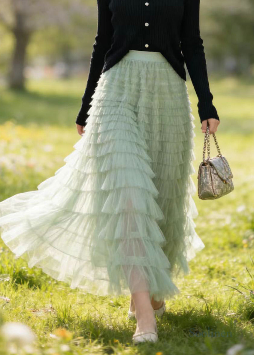 Style Grass Green Multi-layer Tulle Holiday Skirt Spring