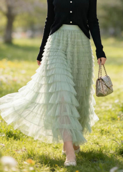 Style Grass Green Multi-layer Tulle Holiday Skirt Spring