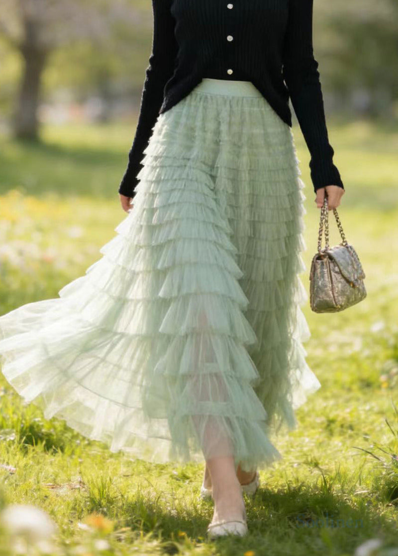 Style Grass Green Multi-layer Tulle Holiday Skirt Spring