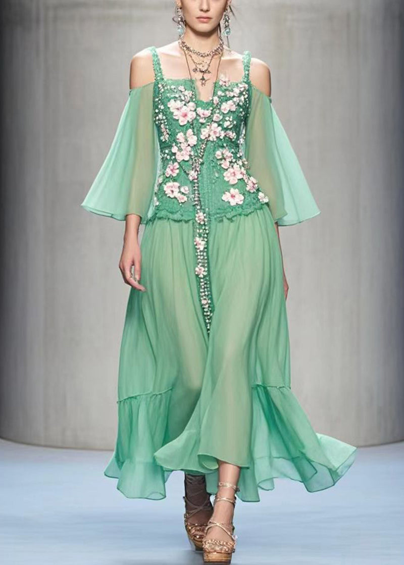 Style Green Cold Shoulder Three-dimensional Chiffon Dress Summer