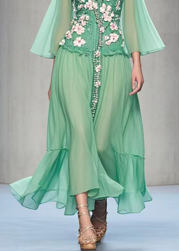 Style Green Cold Shoulder Three-dimensional Chiffon Dress Summer