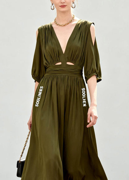 Style Green Cold Shoulder Wrinkled Chiffon Long Dress Short Sleeve