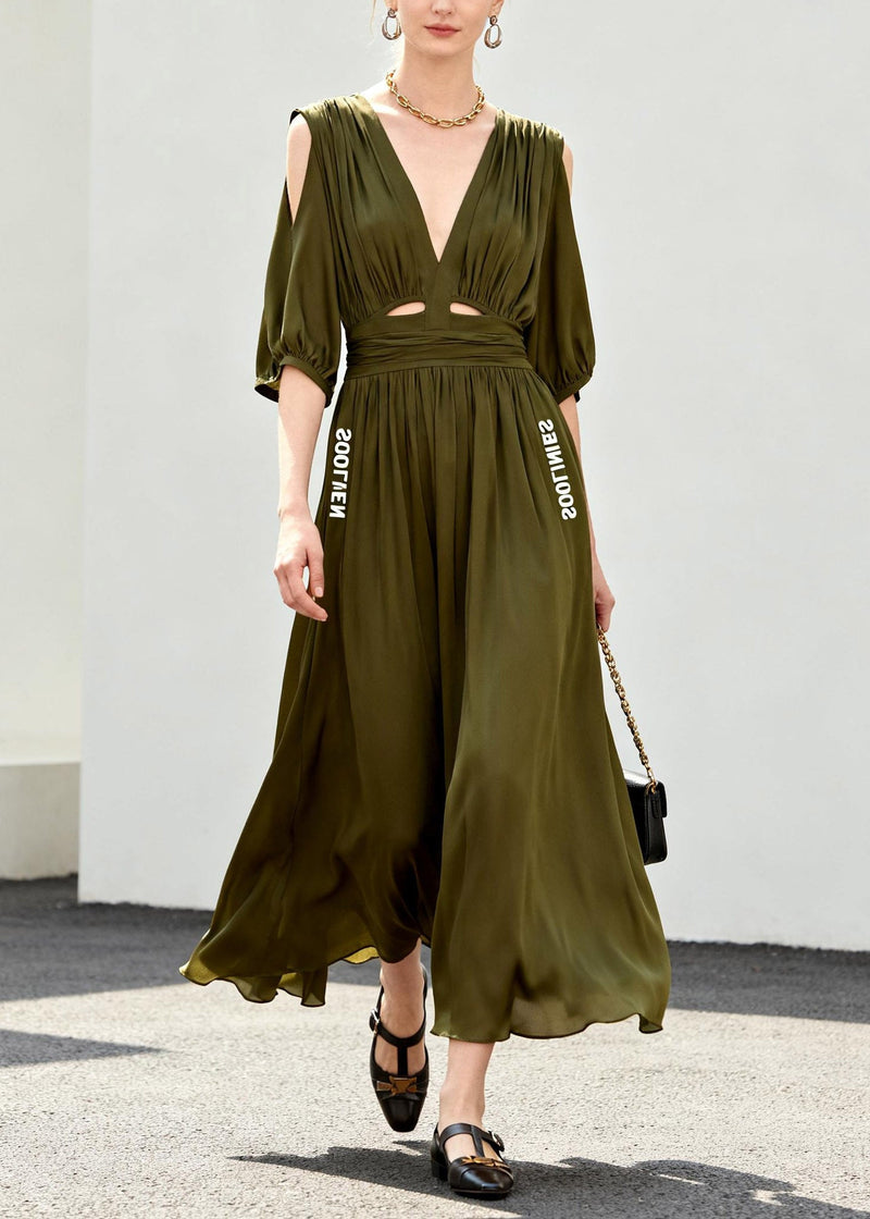 Style Green Cold Shoulder Wrinkled Chiffon Long Dress Short Sleeve
