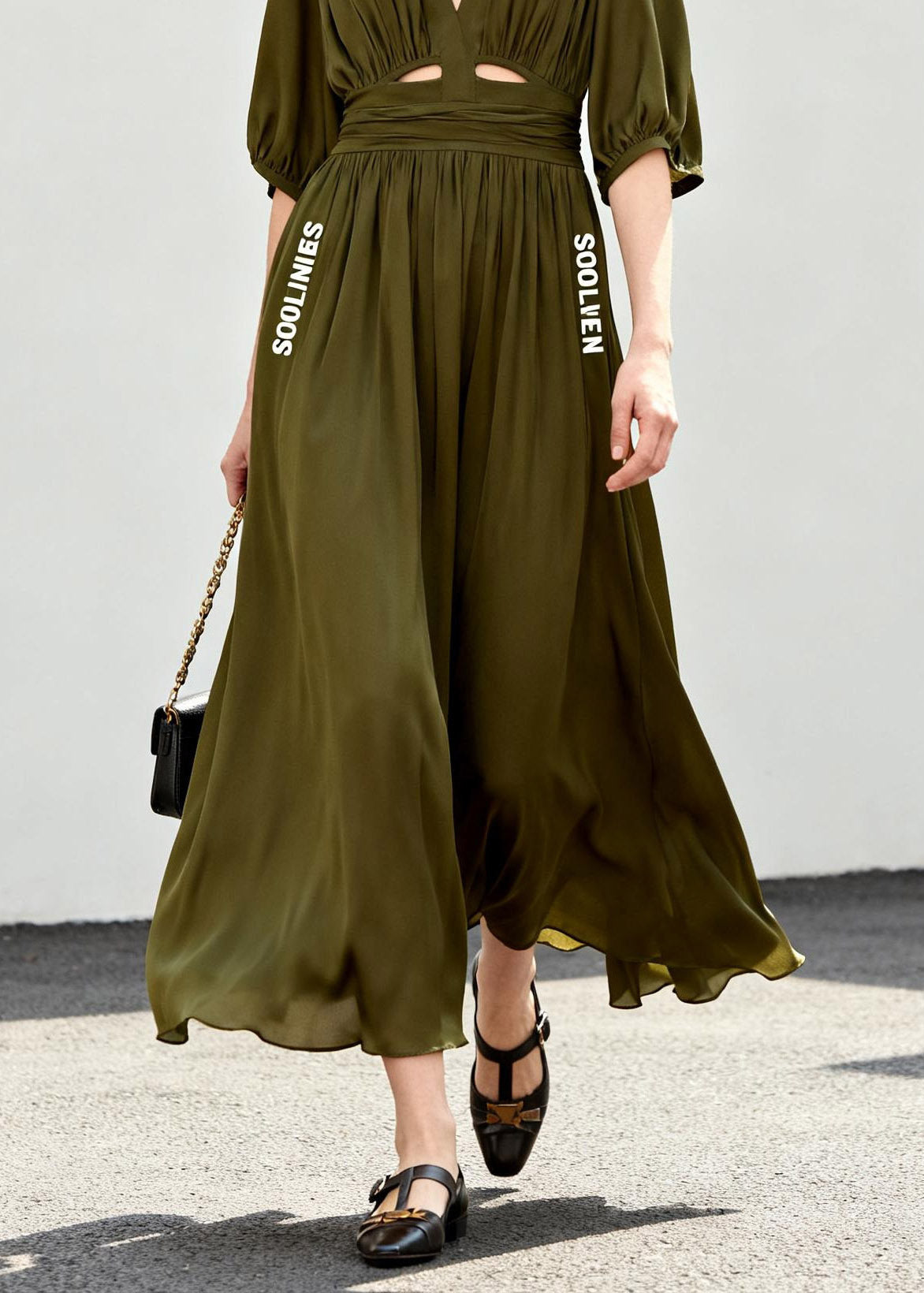 Style Green Cold Shoulder Wrinkled Chiffon Long Dress Short Sleeve