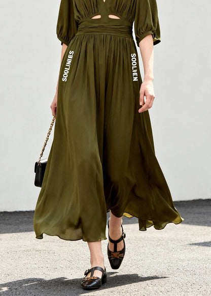 Style Green Cold Shoulder Wrinkled Chiffon Long Dress Short Sleeve
