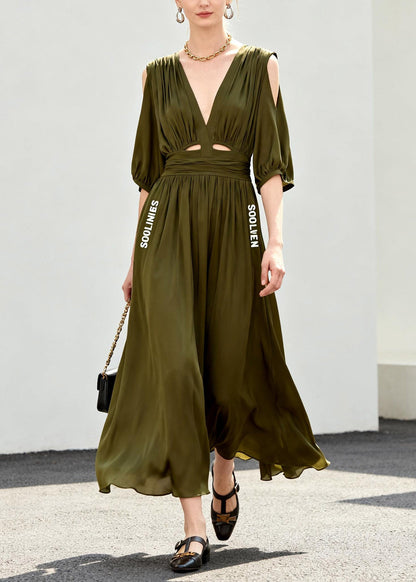 Style Green Cold Shoulder Wrinkled Chiffon Long Dress Short Sleeve