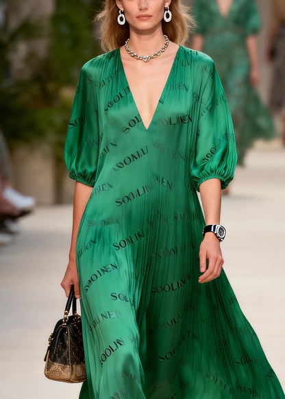 Style Green Graphic Maxi Dress Lanter Sleeve