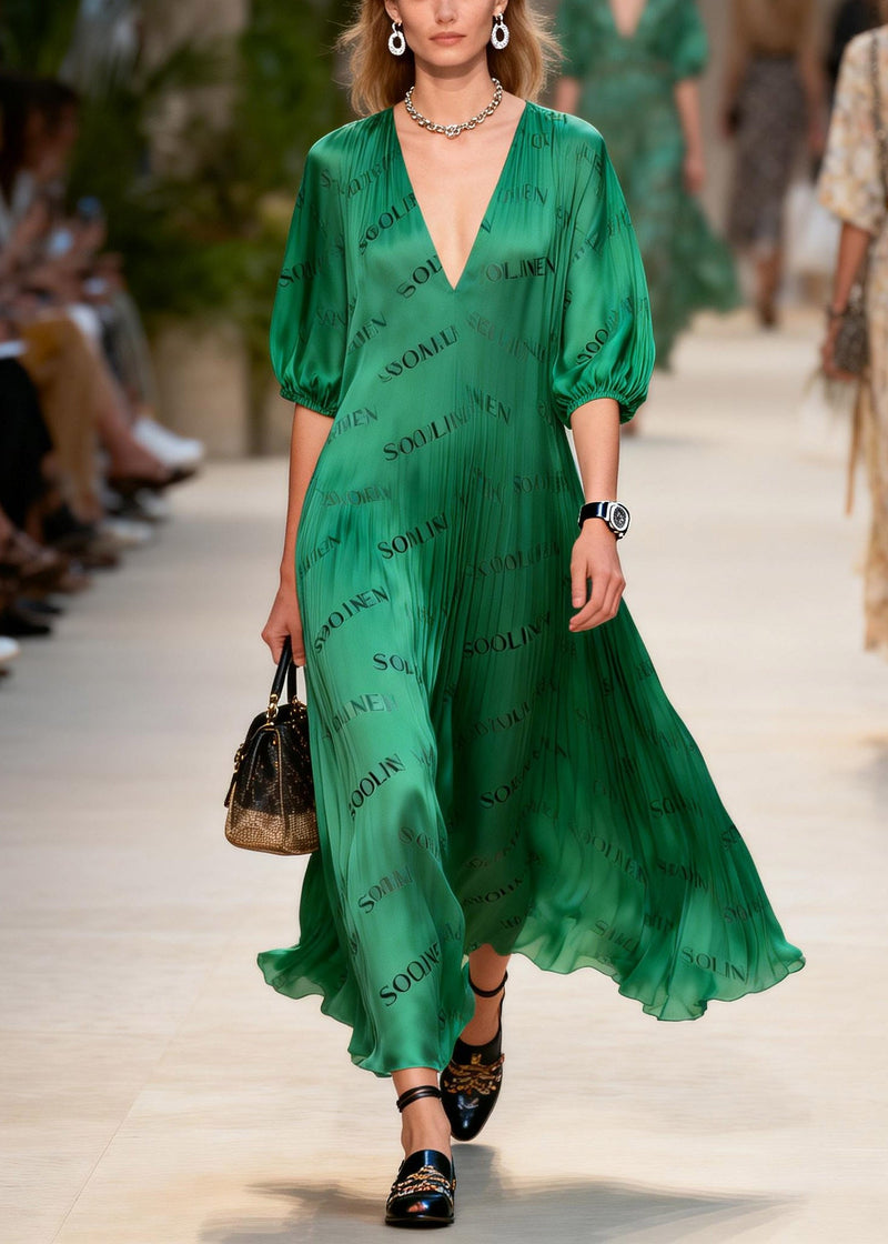 Style Green Graphic Maxi Dress Lanter Sleeve