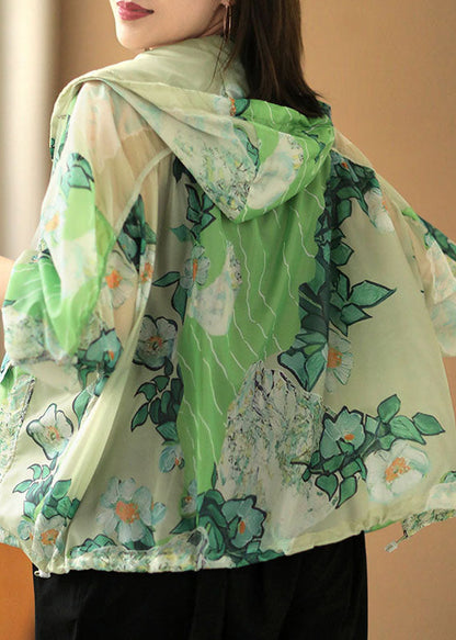 Style Green Hooded Zippered Pockets Drawstring Print Upf 50+ Coat Jackets Summer