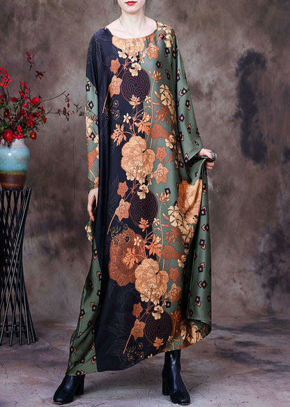 Style Green O-neck Oversized Print Silk Vacation Dresses Batwing Sleeve