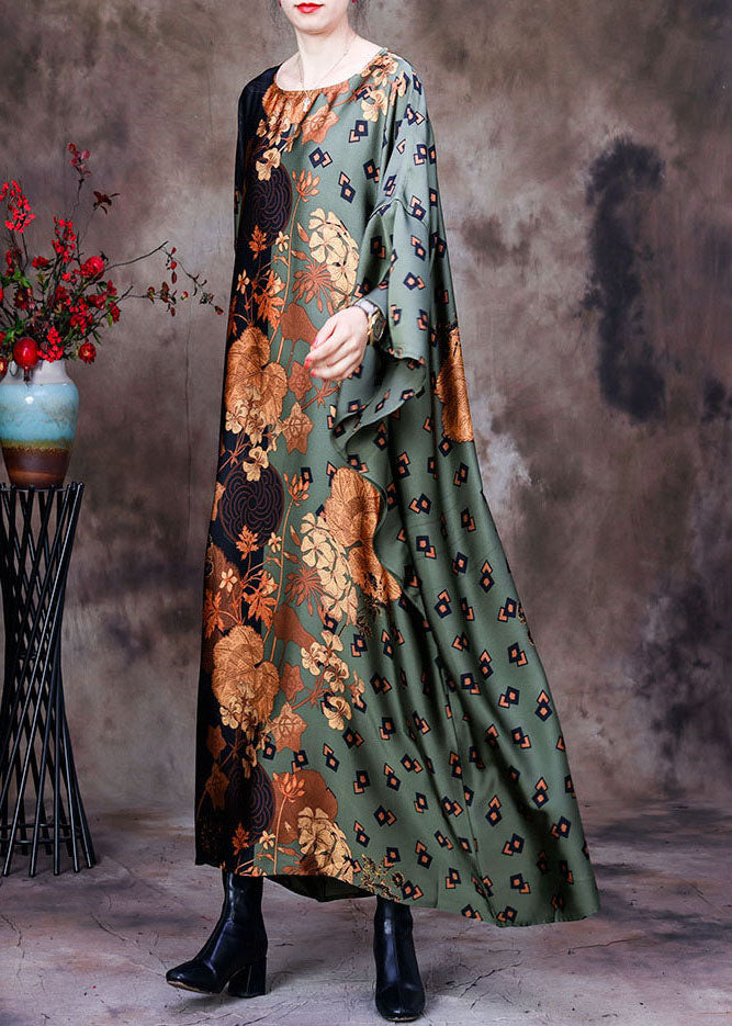 Style Green O-neck Oversized Print Silk Vacation Dresses Batwing Sleeve