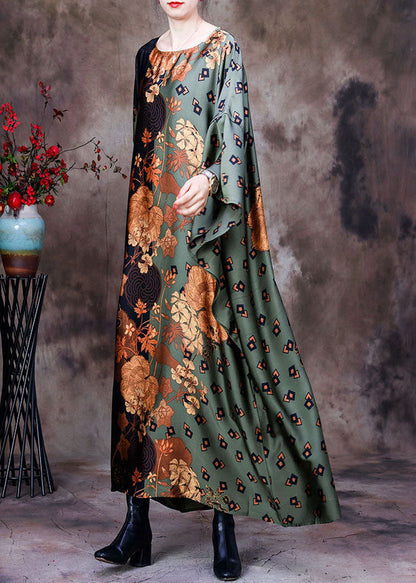 Style Green O-neck Oversized Print Silk Vacation Dresses Batwing Sleeve