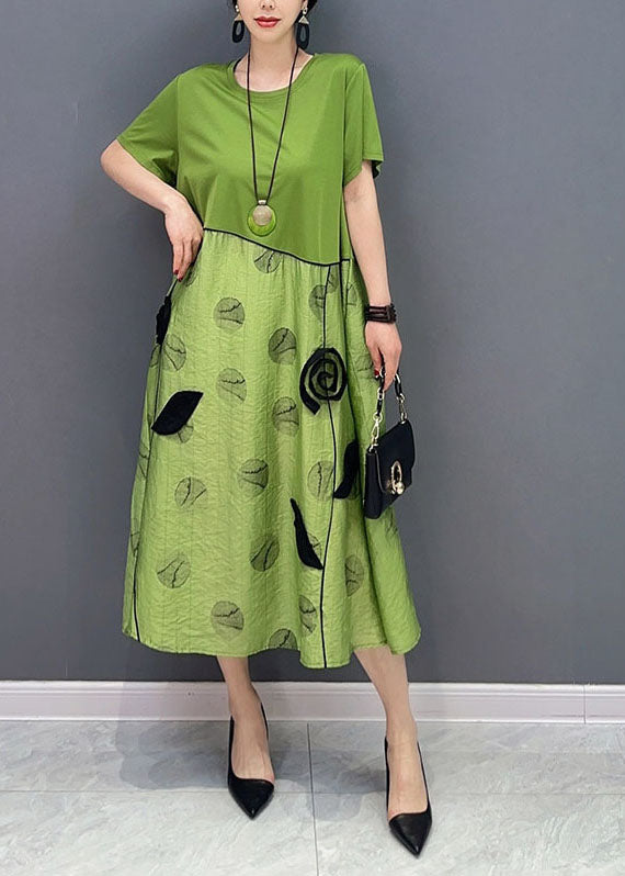 Style Green O-neck Patchwork Cotton Long Dress Summer