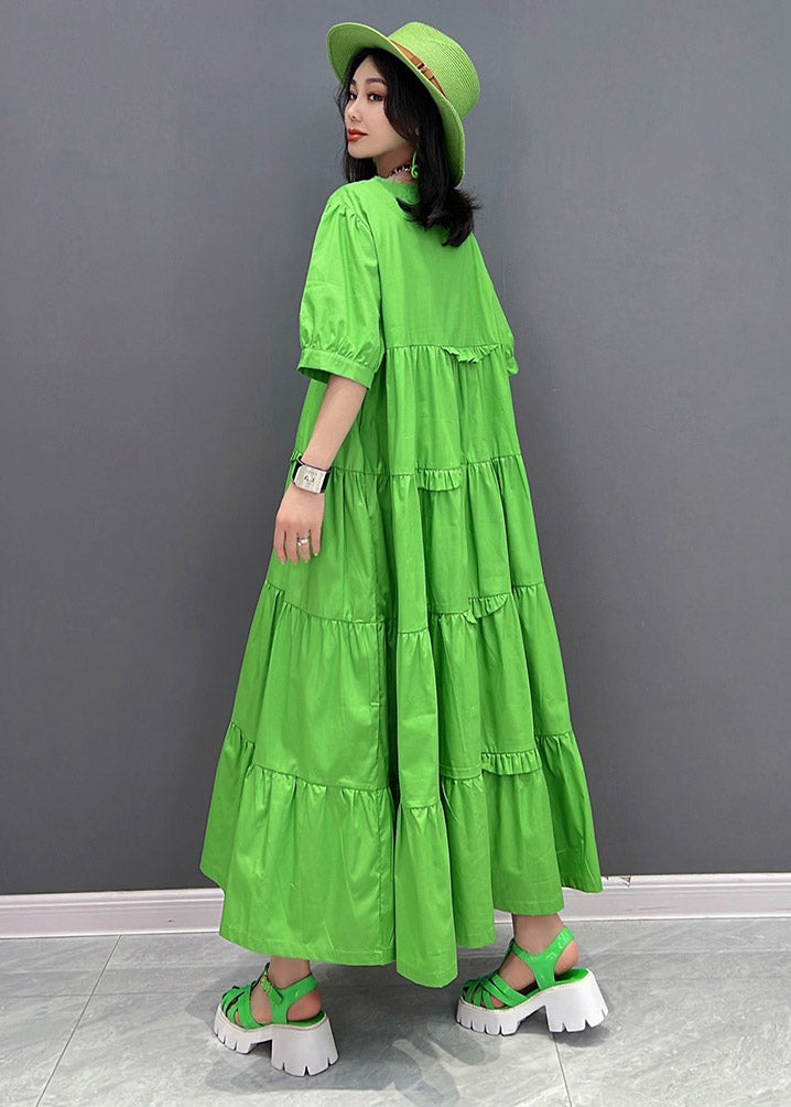 Style Green O-neck Patchwork Pockets Ankle Dress Short Sleeve