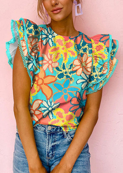 Style Green O-neck Ruffled Print T Shirt Summer