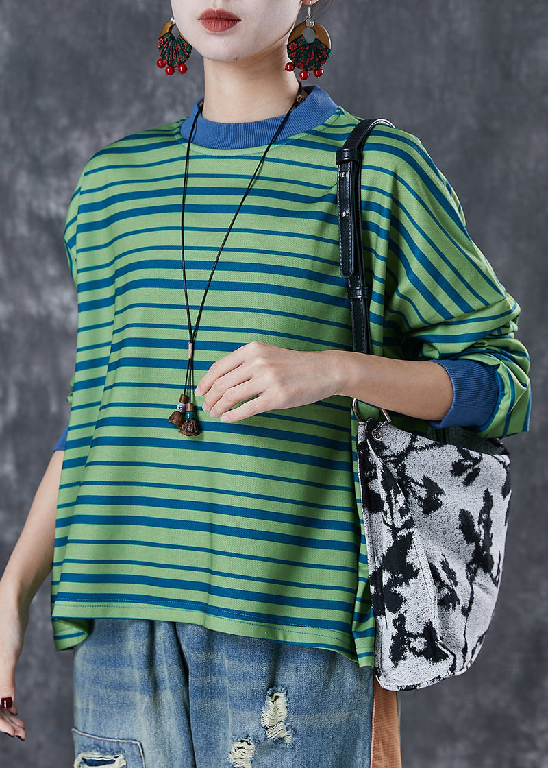 Style Green Oversized Striped Cotton Sweatshirt Spring