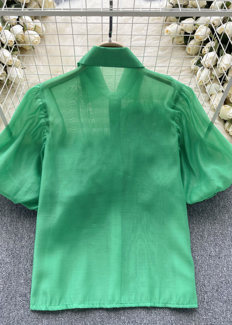Style Green Peter Pan Collar Patchwork Cotton Shirts Puff Sleeve