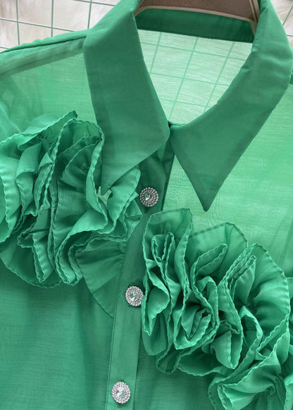 Style Green Peter Pan Collar Patchwork Cotton Shirts Puff Sleeve