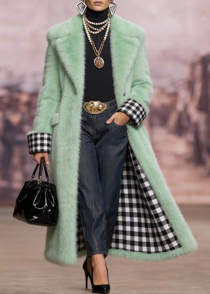 Style Green Peter Pan Collar Pockets Faux Fur Coats Winter