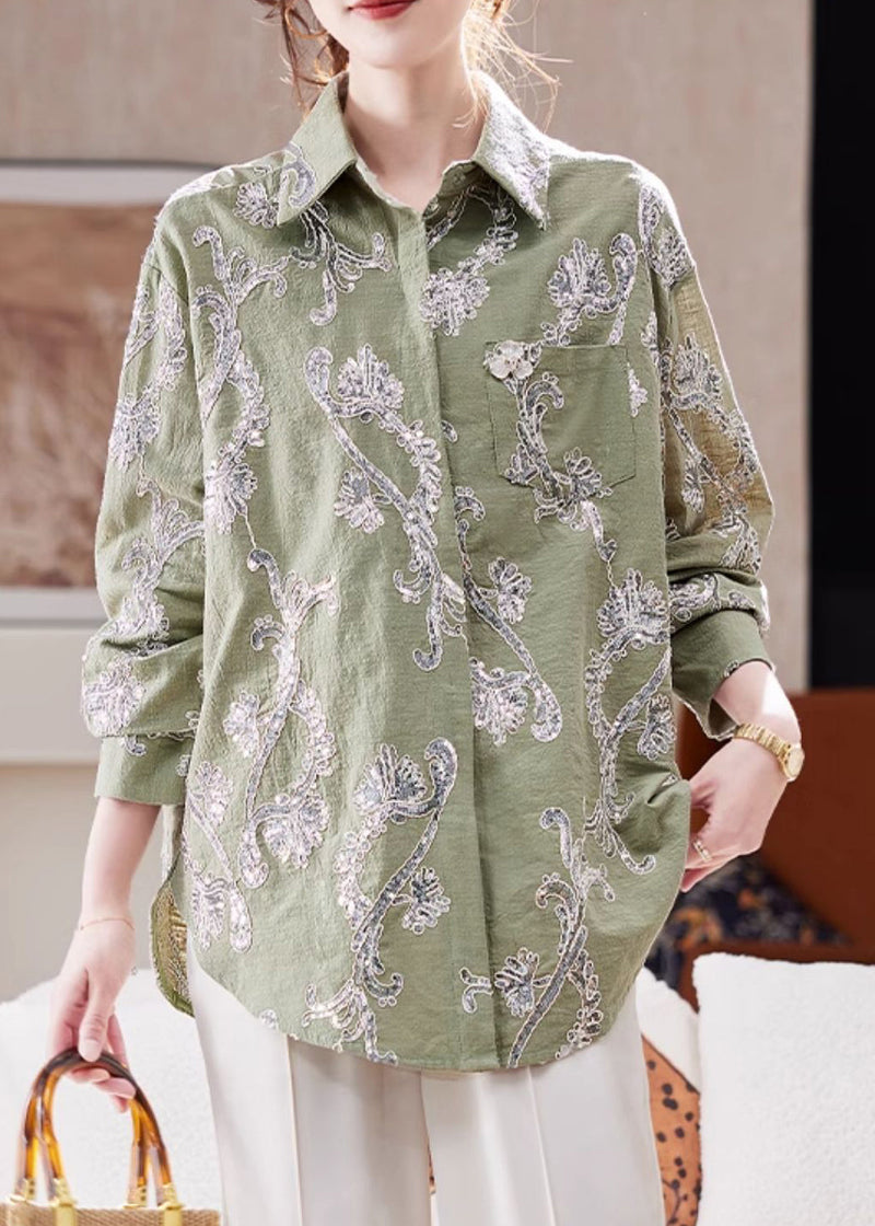 Style Green Sequins Button Cotton Top Lantern Sleeve