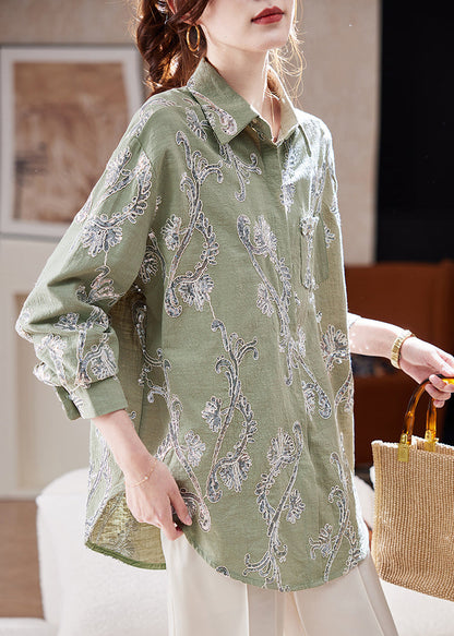 Style Green Sequins Button Cotton Top Lantern Sleeve