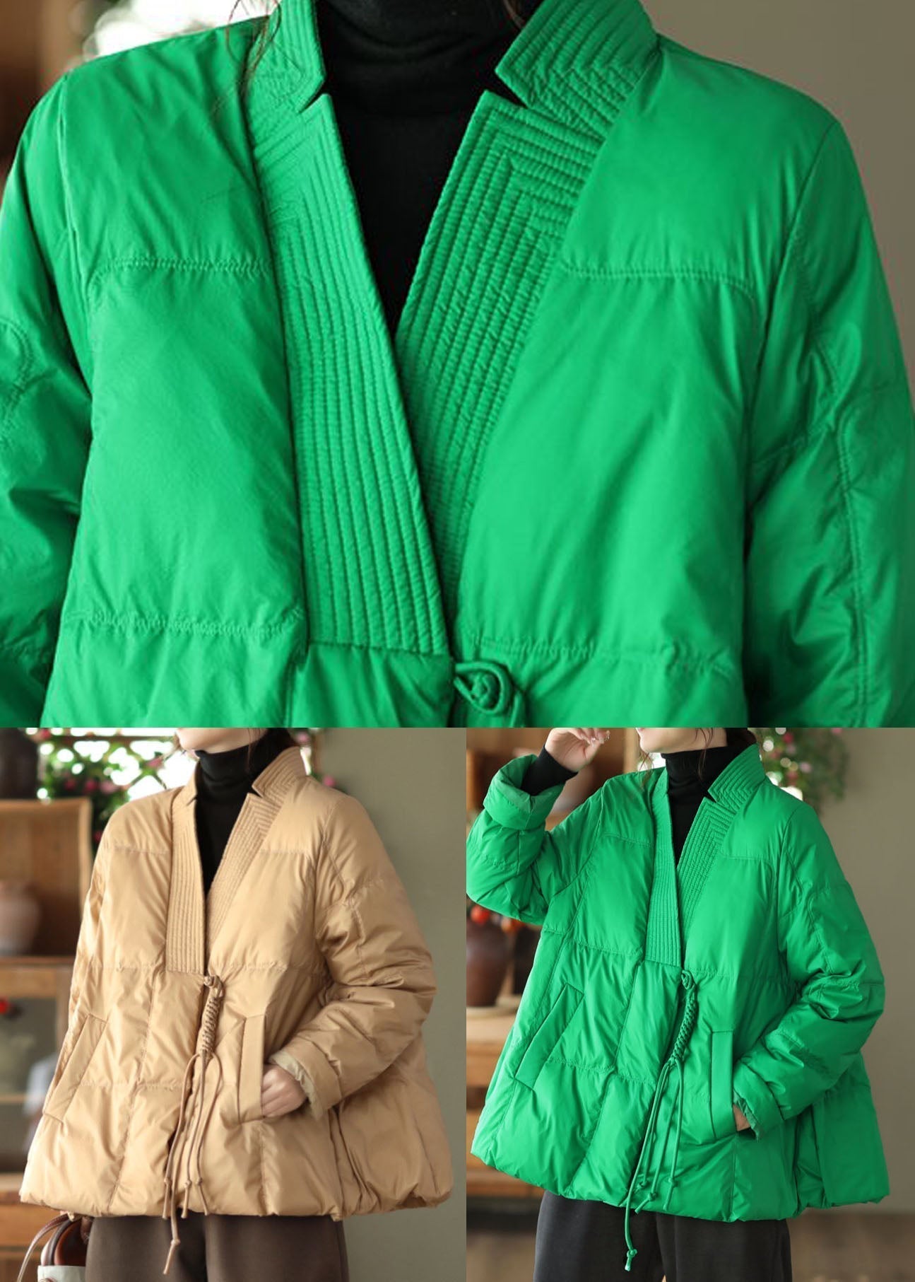 Style Green V Neck Oversized Oriental Button Cotton Material Puffer Coat Winter