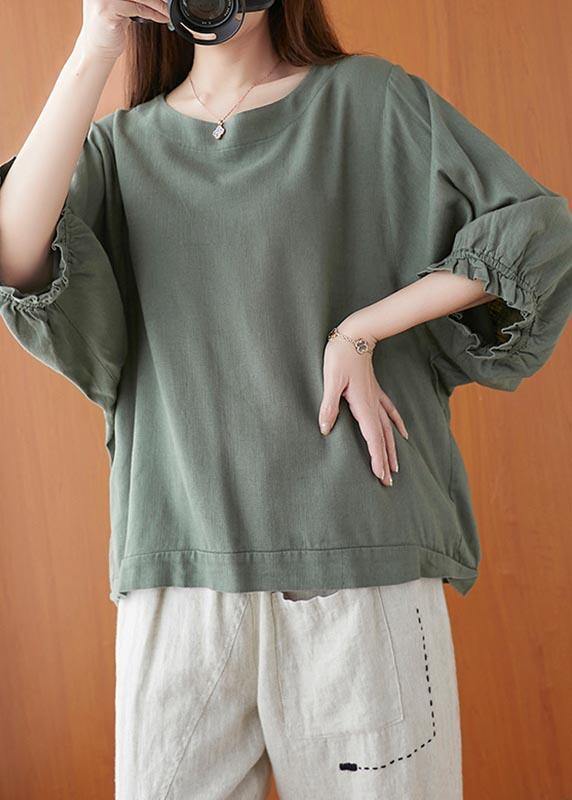 Style Green Lantern Sleeve Cotton Blouse Top Summer
