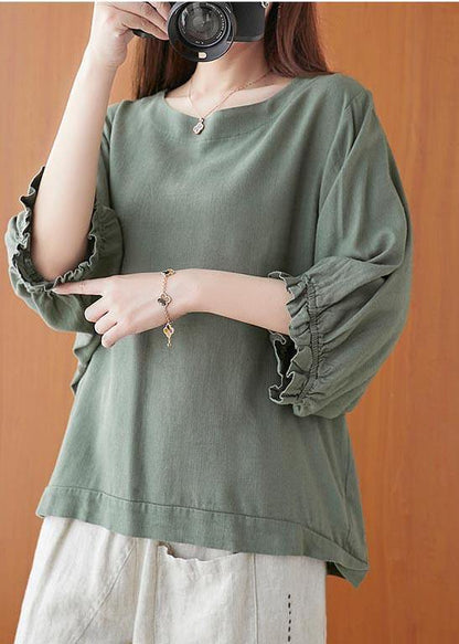 Style Green Lantern Sleeve Cotton Blouse Top Summer