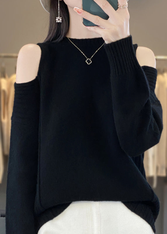 Style Grey O-neck Cold Shoulder Woolen Knit Sweaters Spring