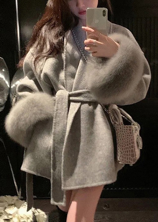 Style Grey Peter Pan Collar Faux Fur Patchwork Woolen Coat Winter