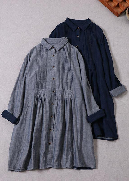 Style Grey Peterpan Collar Pockets Button Fall Maxi Dresses Long Sleeve