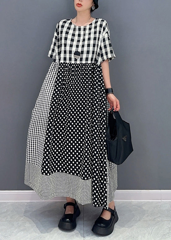 Style Grey Plaid Patchwork Dot Cotton a Line Dress Summer