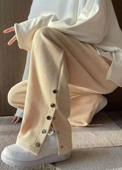 Style Grey Pockets Side Open Elastic Waist Cotton Pants Fall