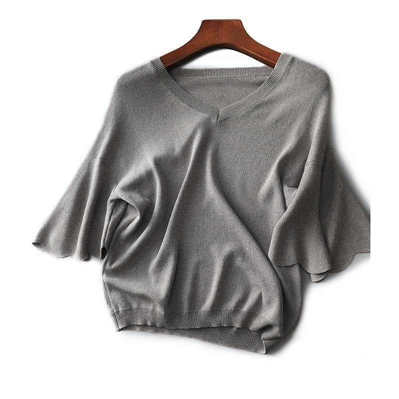 Style Grey V Neck Color Knit Tops Flare Sleeve