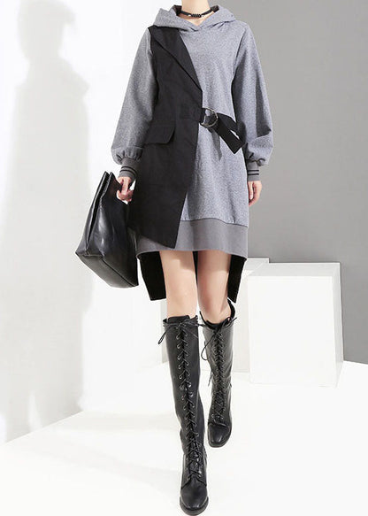 Style Grey Low High Design Tie Waist Hooded Patchwork Dresses Spring