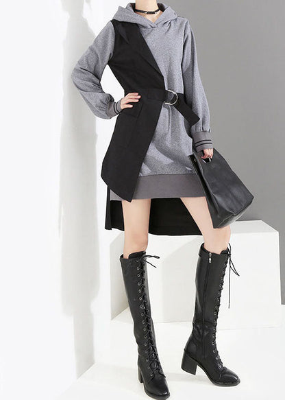 Style Grey Low High Design Tie Waist Hooded Patchwork Dresses Spring
