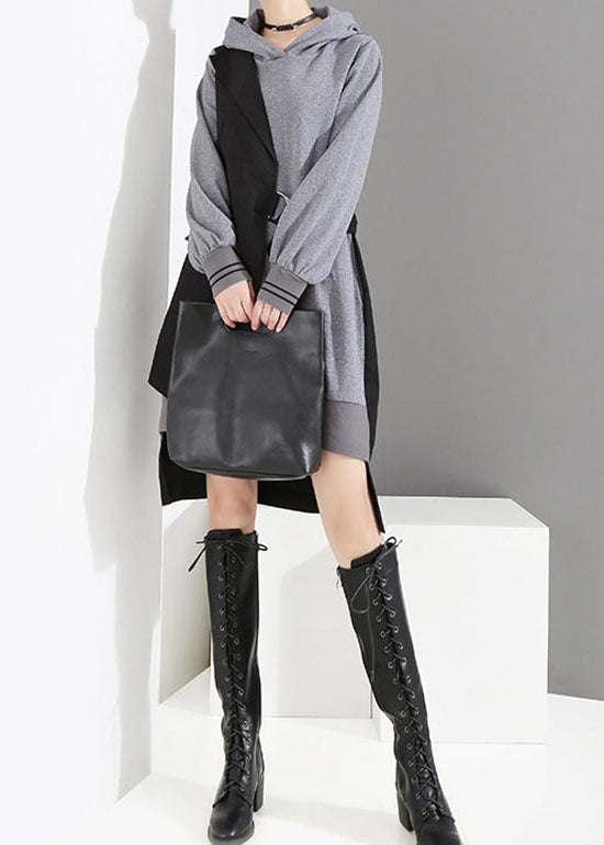 Style Grey Low High Design Tie Waist Hooded Patchwork Dresses Spring
