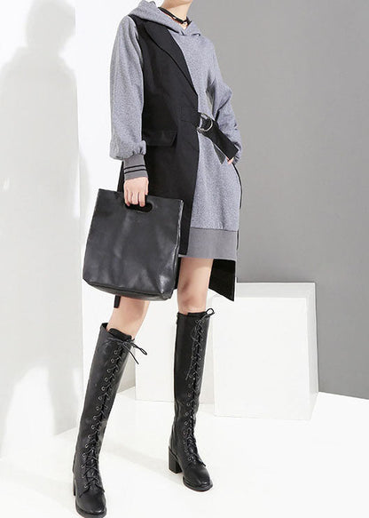 Style Grey Low High Design Tie Waist Hooded Patchwork Dresses Spring