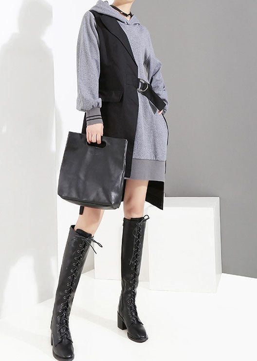 Style Grey Low High Design Tie Waist Hooded Patchwork Dresses Spring