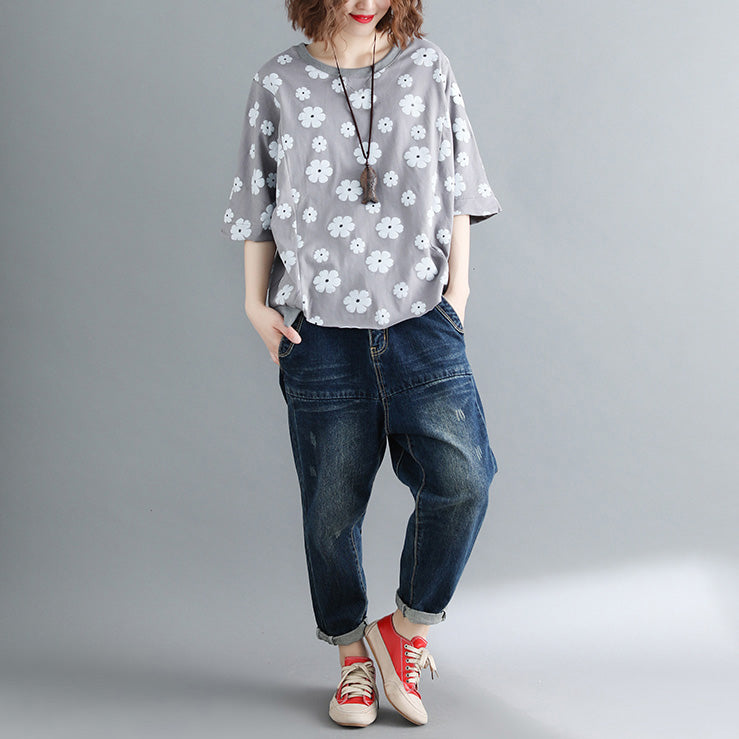 Style Half Sleeve Cotton Clothes Tutorials Gray Print Knee Shirts
