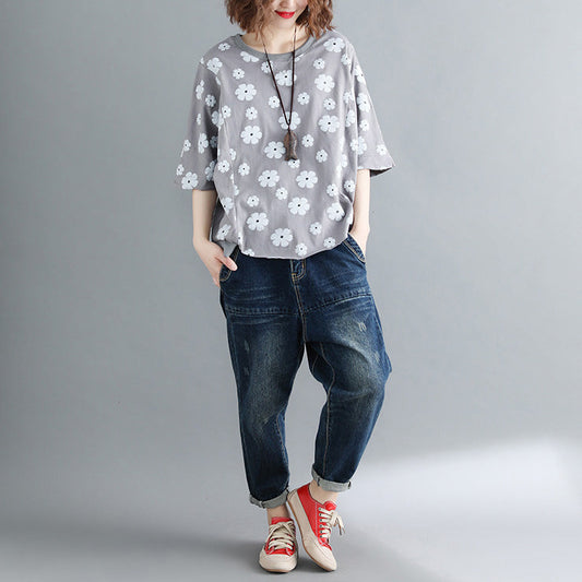 Style Half Sleeve Cotton Clothes Tutorials Gray Print Knee Shirts